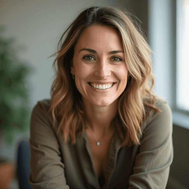 Female sales and real estate professional LinkedIn headshot with a warm, open smile