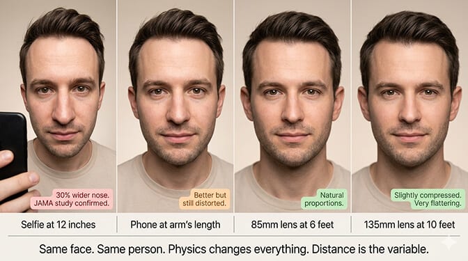 Comparison of selfie taken close up versus photo taken at proper portrait distance