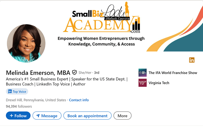 Professional LinkedIn photo example: Melinda Emerson, small business expert, smiling in a bright top against a plain mauve background