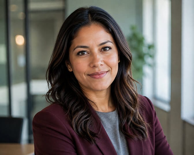LinkedIn photo pattern of good lighting: woman in a burgundy blazer lit by a large office window with no harsh shadows