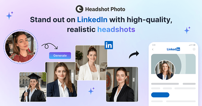 Grid of professional LinkedIn profile photos generated with the Headshot Photo AI headshot generator, showing varied backgrounds, outfits and lighting