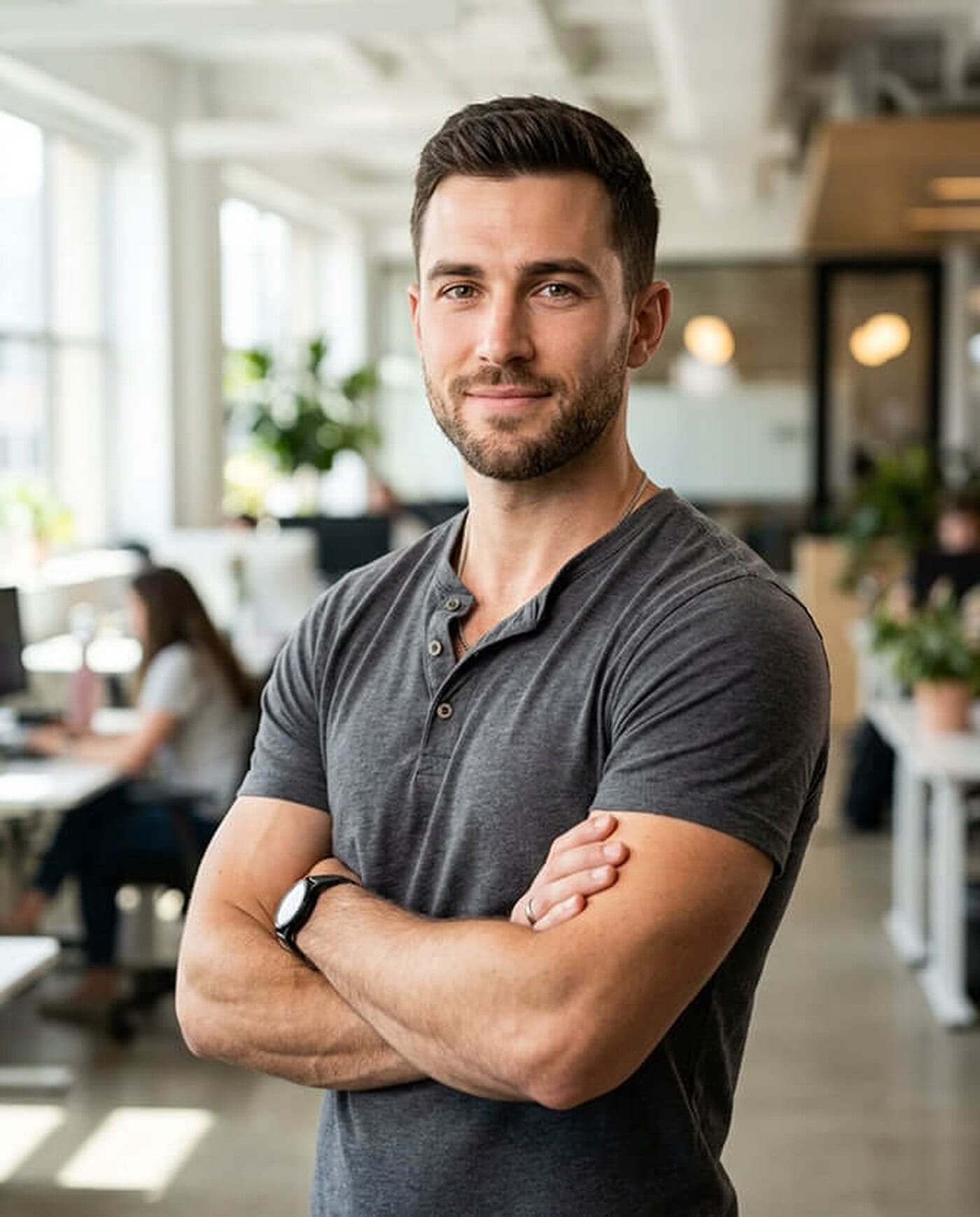Man in a grey henley standing with arms loosely crossed and a slight smile in an open-plan office, framed so the crossed arms sit low in the shot, an approachable LinkedIn profile picture pose.