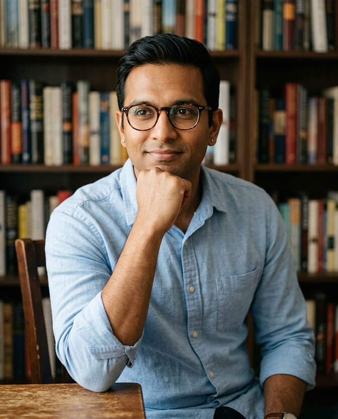 Man in a light blue shirt and round glasses seated at a wooden table in front of a bookshelf, leaning in with one loosely closed hand near his chin and a slight smile, a thought-leader LinkedIn profile picture pose.