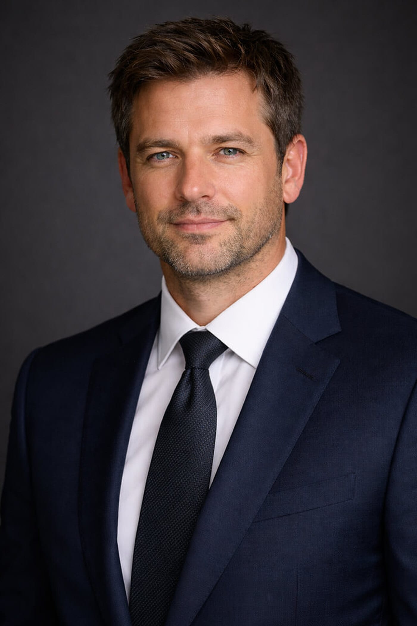 Man in a navy suit, white shirt and dark navy tie facing the camera straight on with a neutral closed-mouth expression against a dark grey backdrop, an authoritative LinkedIn profile picture pose.