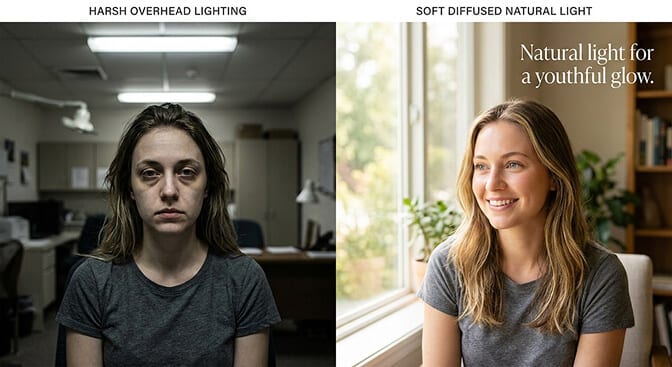 Person facing a large window with soft natural light for a flattering passport photo setup