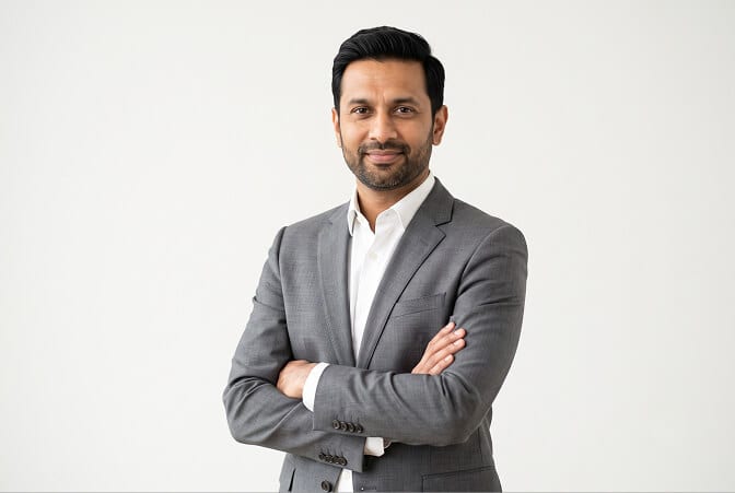 Arms-crossed male CEO portrait: smiling executive in a gray suit and open-collar white shirt, arms loosely crossed, standing against a bright white background in a wide horizontal crop