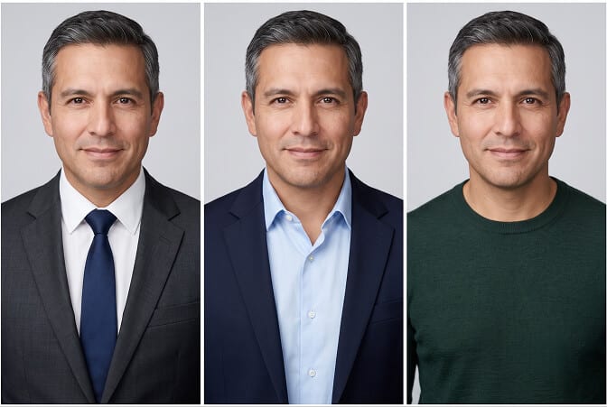 Three outfits for a male CEO headshot on the same man: charcoal suit with navy tie, navy blazer with an open light blue shirt, and a dark green crew-neck knit