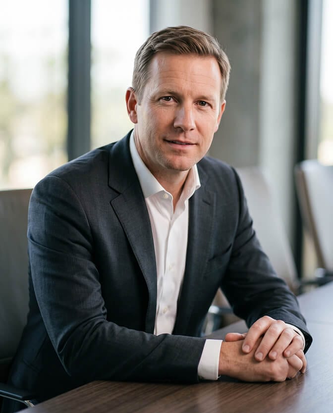 Seated lean-in CEO portrait: executive in a dark suit and open-collar white shirt seated at a wooden desk, forearms on the table and leaning slightly forward, in a softly lit office