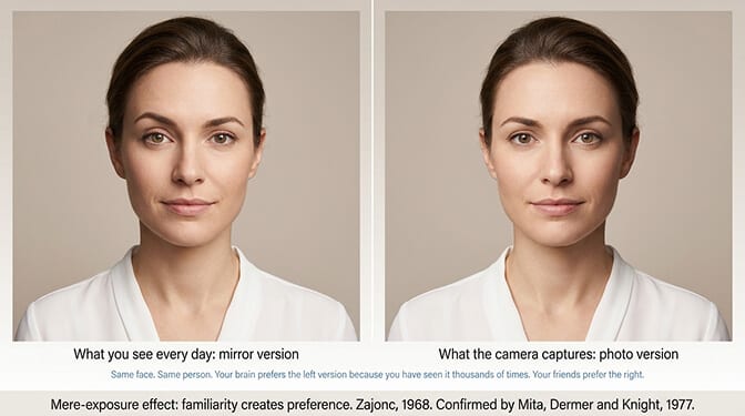 Side by side comparison of a mirrored face and a non-mirrored photo showing subtle asymmetry differences
