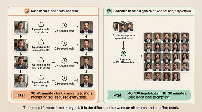 One Nano Banana output versus multiple consistent headshots from a dedicated AI headshot generator