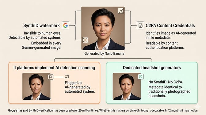 SynthID watermark and C2PA metadata detected in a Nano Banana generated headshot