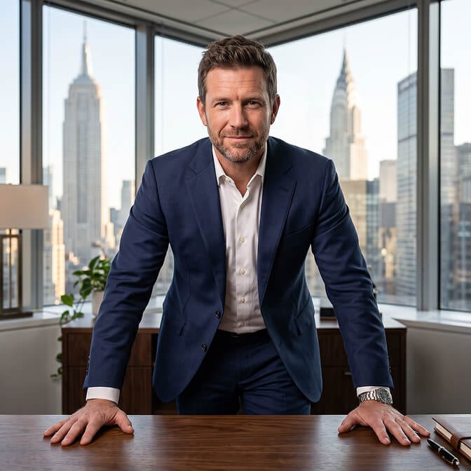 Male CEO headshot: executive in a navy suit and open-collar white shirt standing behind a dark walnut desk with both palms flat on the surface, leaning slightly toward the camera, a city skyline through the corner windows behind him, a power pose for men.