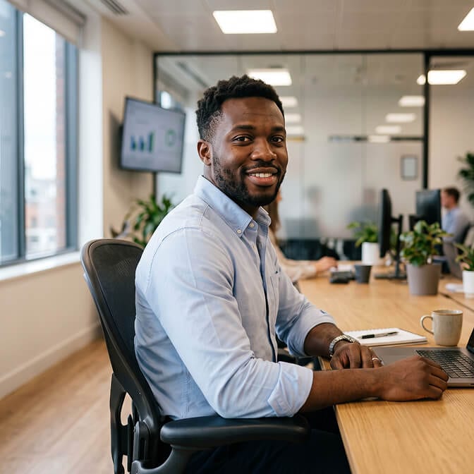 Black man in a light blue oxford shirt seated in a black mesh office chair turned away from the camera, forearms resting on a long wooden desk beside a laptop and his head turned back to the lens, an office chair photo pose for men.