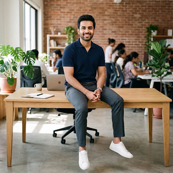 Man in a navy polo shirt and grey trousers perched on the front edge of a light oak desk in an open-plan brick-walled office, hands loosely clasped on his lap and colleagues working behind him, an office photo pose for men.