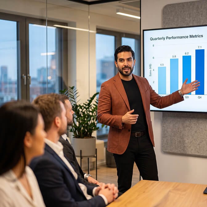 Man in a rust blazer over a black tee presenting beside a wall screen of quarterly performance metrics in a glass meeting room, one hand open toward the chart while three colleagues watch from the table, a presenting photo pose for men.