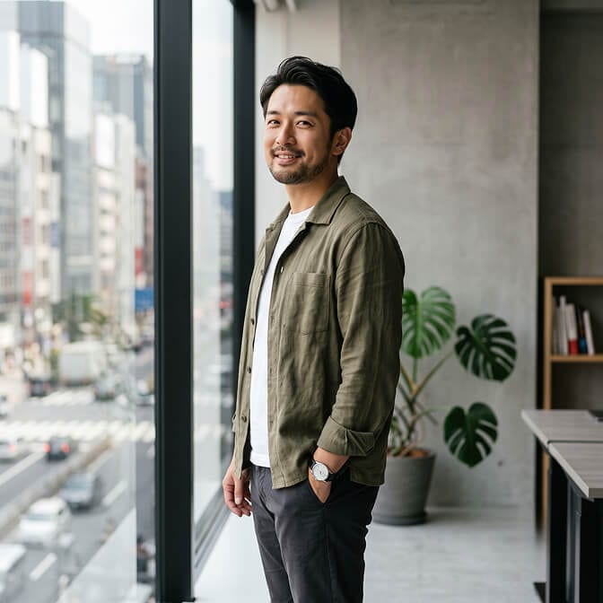 East Asian man in an olive overshirt over a white tee standing side-on to a floor-to-ceiling office window above a city street, one hand in his pocket and his head turned back to the camera, an office photo pose for men.