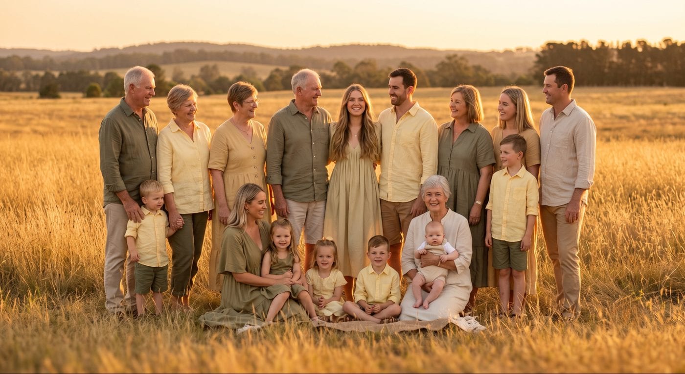 Olive, butter yellow and cream color scheme for large group family photos, golden grass field at sunset