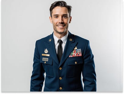 What not to wear for a passport photo: man in a navy military dress uniform with insignia, which is not permitted on official passport photos