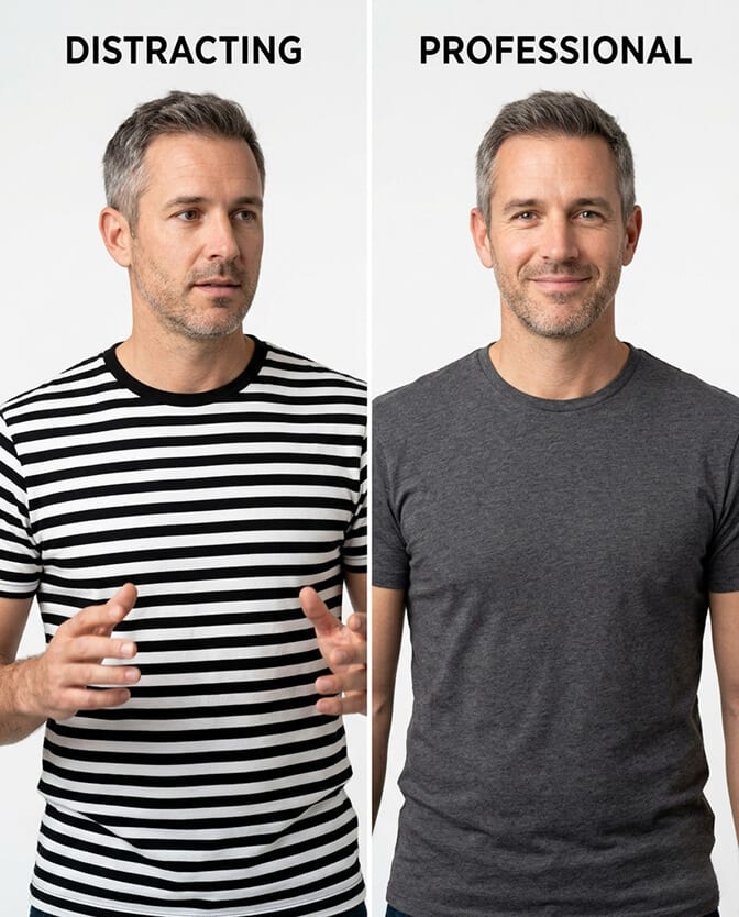 What not to wear for a passport photo: side-by-side comparison of a distracting black and white striped top against a plain mid-grey top, showing why patterns fail