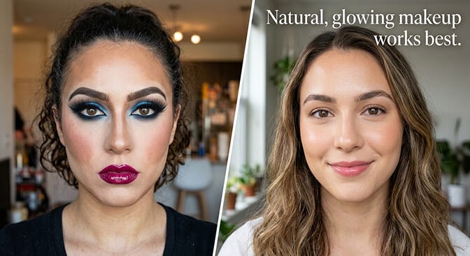 Passport photo makeup comparison: heavy contoured makeup with a bold lip beside a natural matte finish that still looks like the person