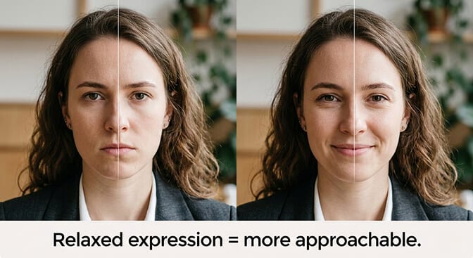 Passport photo expression comparison: a strained, tense face beside a relaxed neutral expression with both eyes open and the mouth closed
