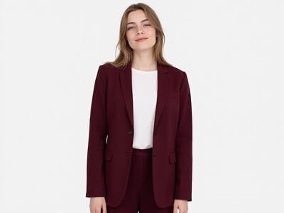Burgundy passport photo outfit example: woman in a burgundy blazer over a plain white tee against a white background