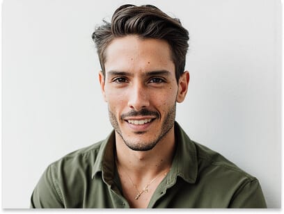 Passport photo outfit for a man: deep green collared shirt worn with the collar flat against a plain background