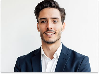 Passport photo outfit for a man: navy blazer over a white shirt with an open collar against a plain background, the safest formal option