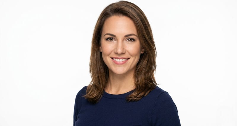 Passport photo outfit idea for a woman: solid navy top with hair neat and away from the face, photographed against a plain white background