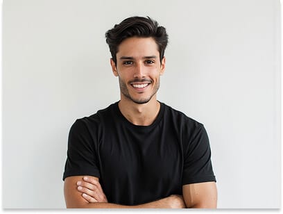 Passport photo outfit for a man: plain black crew-neck t-shirt against a plain white background, a simple high-contrast choice