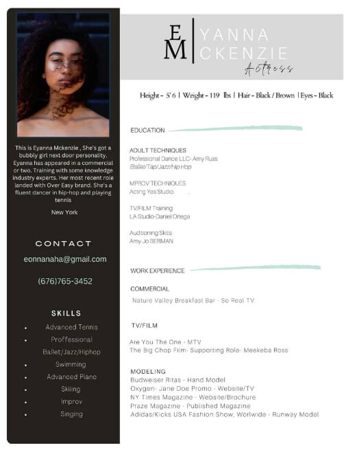 actress resume template showcasing physical attributes