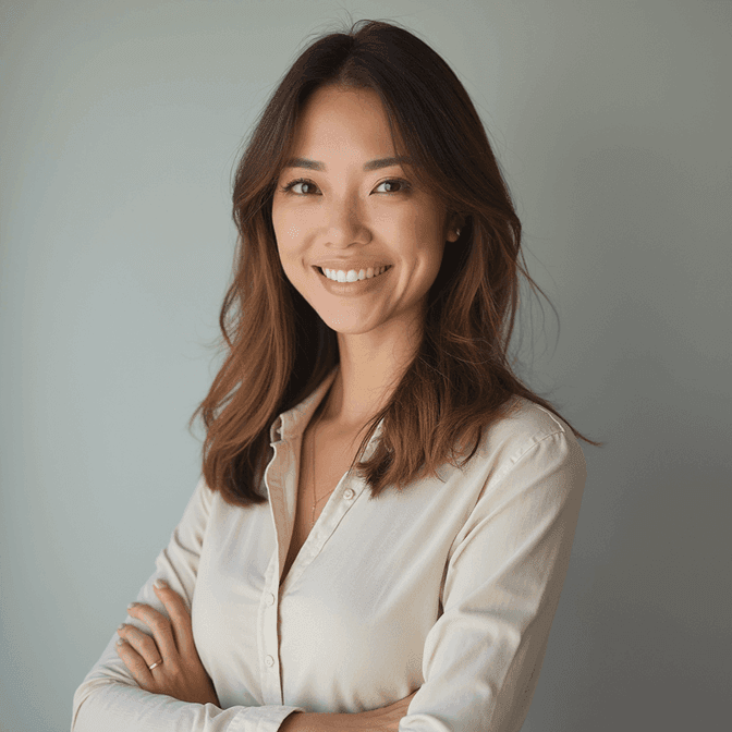 Confident female CEO headshot pose with a natural, self-assured expression