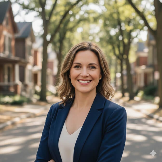 Trusted neighbor style realtor headshot with natural light and residential neighborhood background
