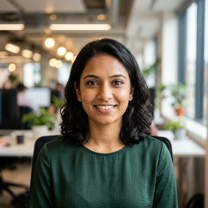 Professional AI headshot of a woman in a dark green top against a softly blurred office background showing the consistent polished result an AI headshot tool produces when juggling lighting and angles by yourself starts to wear thin