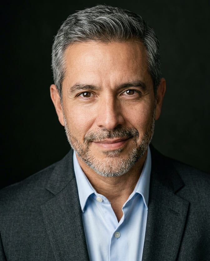 Professional iPhone style headshot of a mature man with gray hair in a gray blazer and light blue shirt against a dark background showing the clean subject separation and natural depth that Portrait Mode delivers