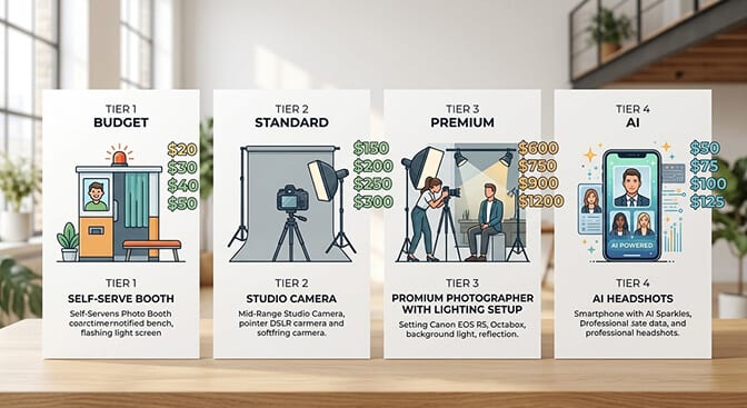 Houston headshot pricing comparison table showing costs from 50 dollars for self serve studios to over 1200 dollars for premium photographers