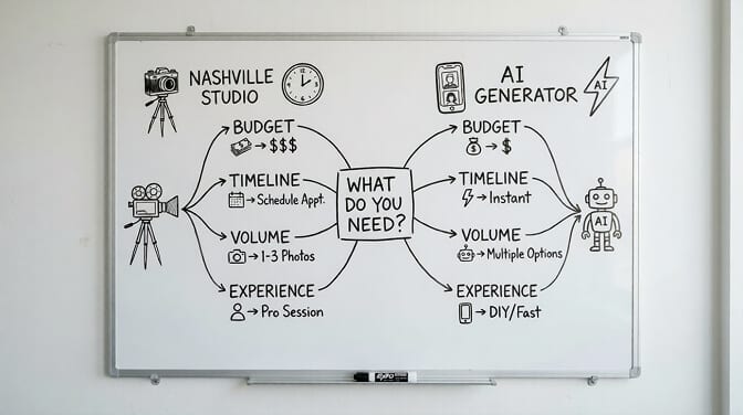 Decision framework flowchart helping Nashville professionals choose between studio headshots and AI headshot generators based on budget timeline and use case