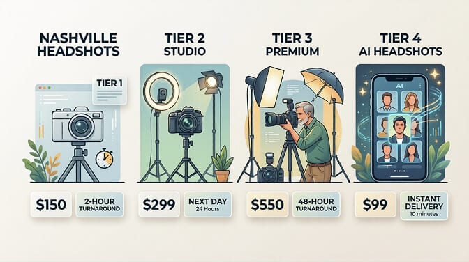 Nashville headshot pricing comparison table showing costs from 150 dollars for budget sessions to over 3000 dollars for premium branding experiences
