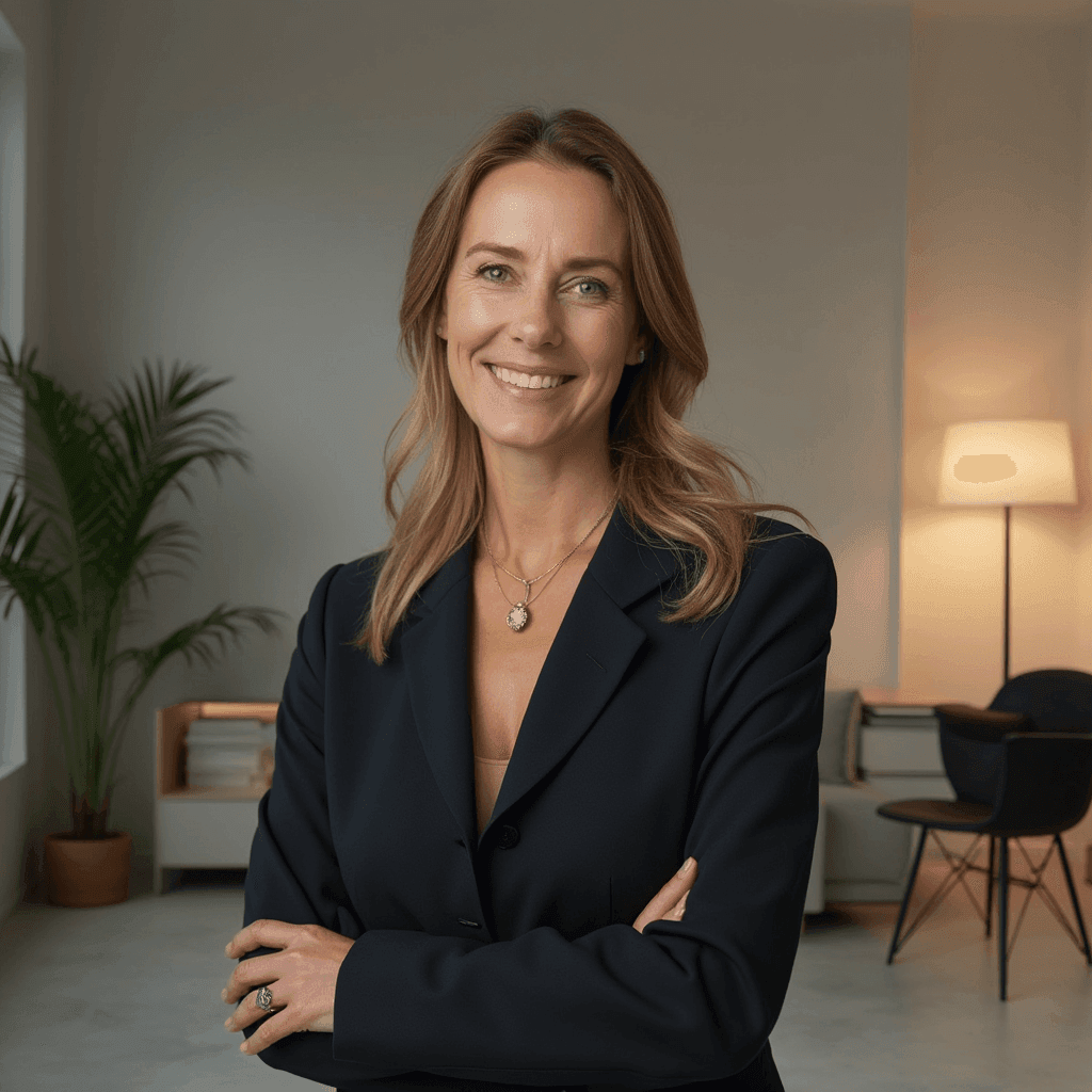 Female CEO headshot in a navy blazer, smiling in a warm modern office