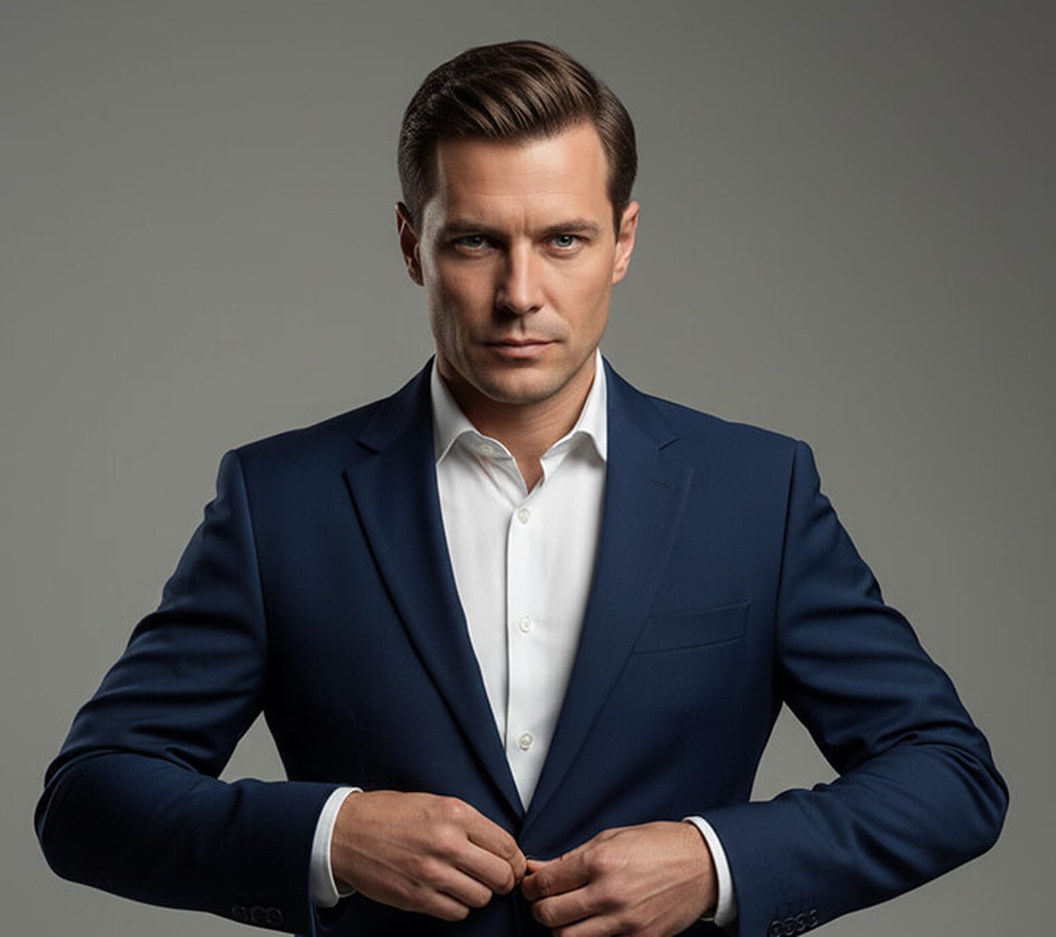Man in a navy suit and white shirt fastening his jacket button with both hands, looking straight at the camera against a grey backdrop, a corporate portrait pose caught mid-motion.