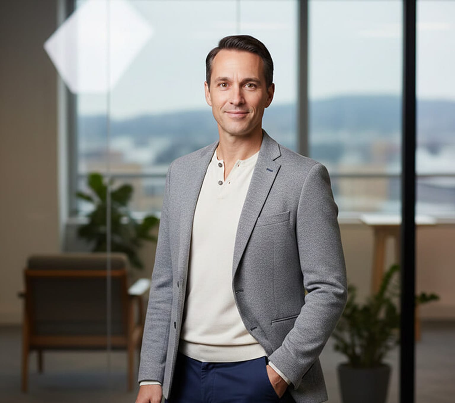 Man in a grey knit blazer, cream henley and navy trousers standing with one hand in his pocket in a modern office with a city view behind him, a relaxed corporate portrait pose.