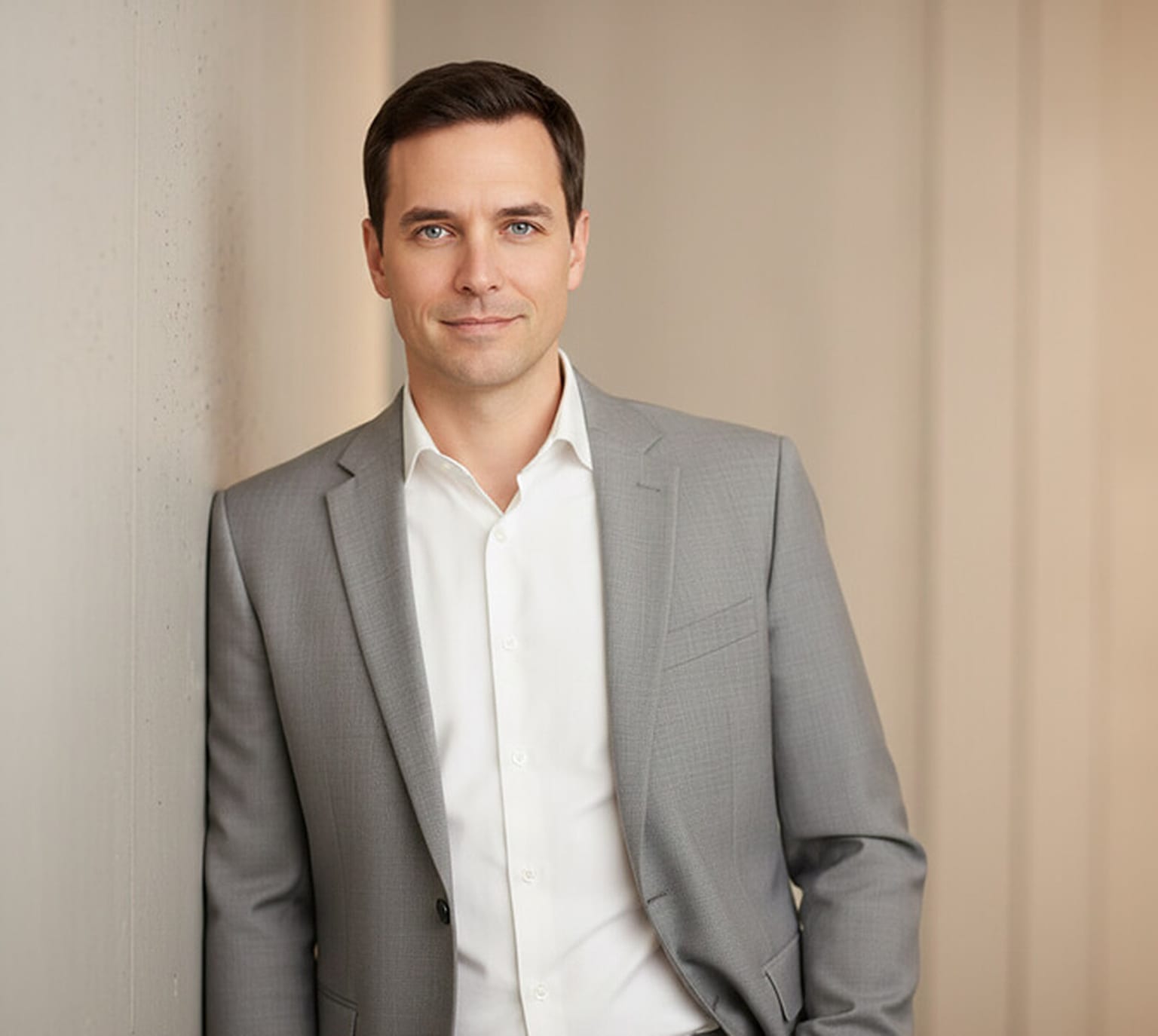 Man in a light grey suit and white open-collar shirt leaning one shoulder against a cream wall with a hand in his pocket, a relaxed corporate portrait pose.