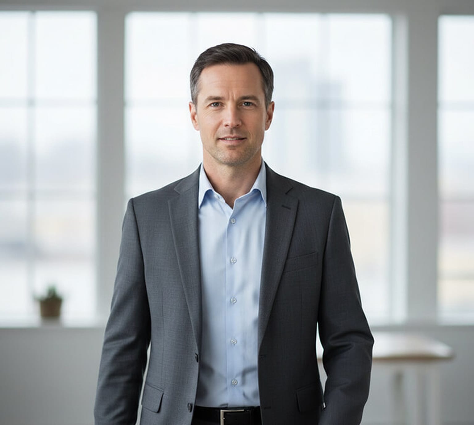 Man in a grey suit jacket and light blue shirt walking toward the camera mid-stride in a loft office with tall windows behind him, a dynamic corporate portrait pose.