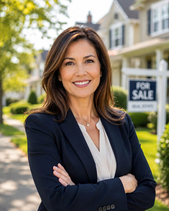 Real estate agent with arms loosely crossed and a warm smile, standing in front of a home with a For Sale sign