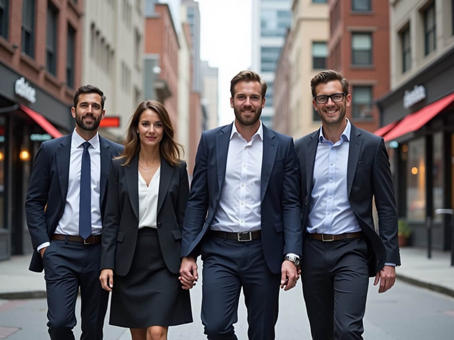 Four people in dark business attire walking together down a city street lined with brick buildings and storefronts, mid-stride toward the camera.