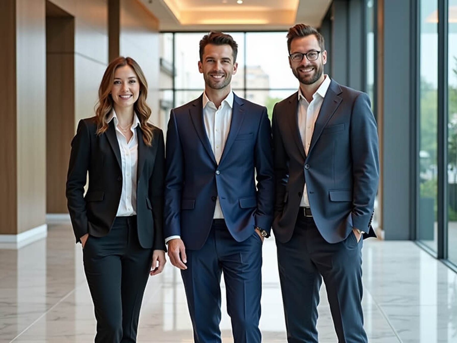 Three people in tailored suits walking through a modern office lobby with polished stone floors, glass walls, and warm overhead lighting.