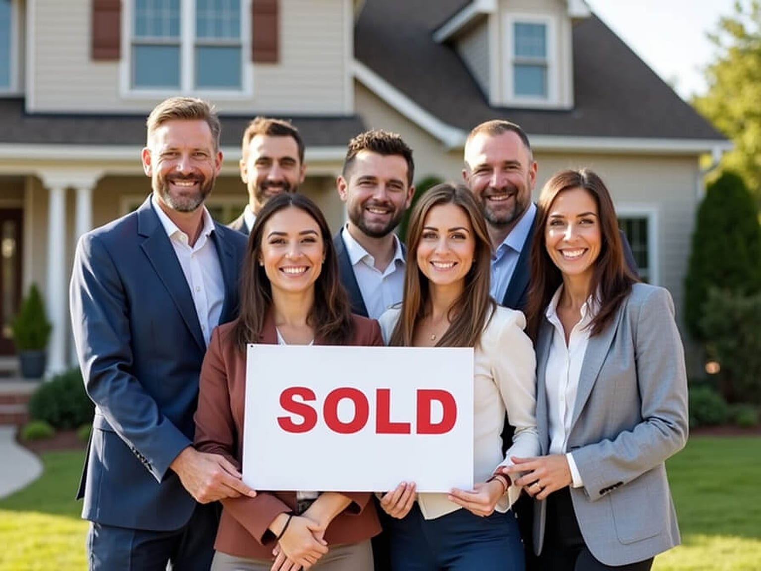 Eight-person real estate team standing on a lawn in front of a suburban house, two of them holding a large red and white SOLD sign at chest height.