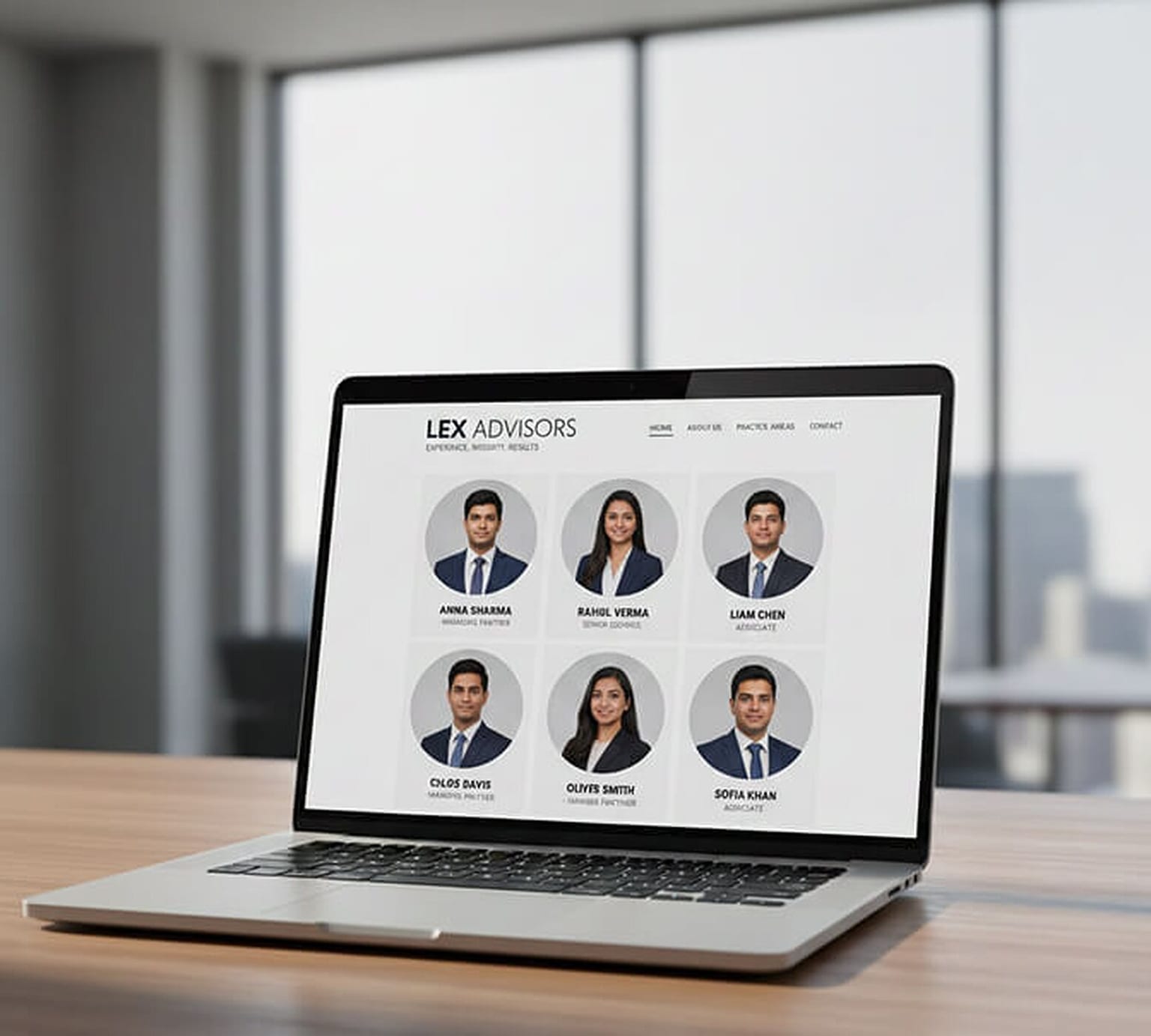 Laptop screen showing a law firm's meet-the-team page with six circular headshots arranged in two rows, each with a name and job title beneath.