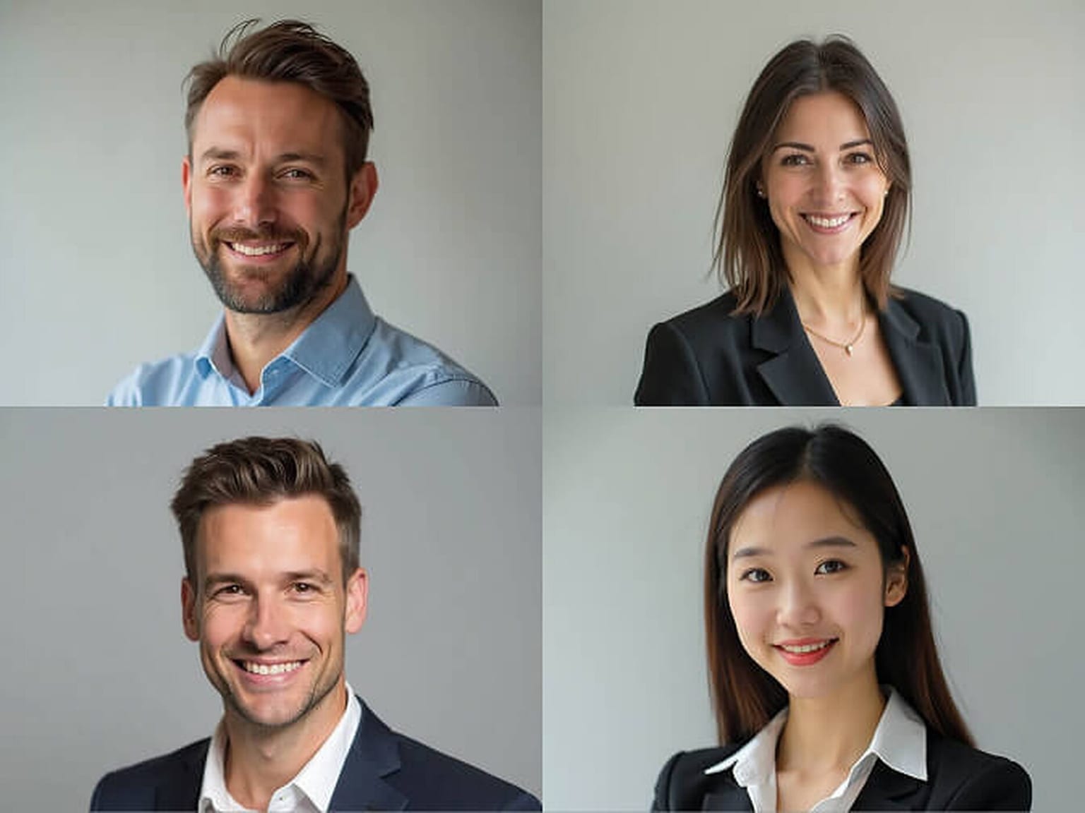 Four individual professional headshots arranged in a two-by-two grid, each shot on the same soft grey background with matching lighting and framing.