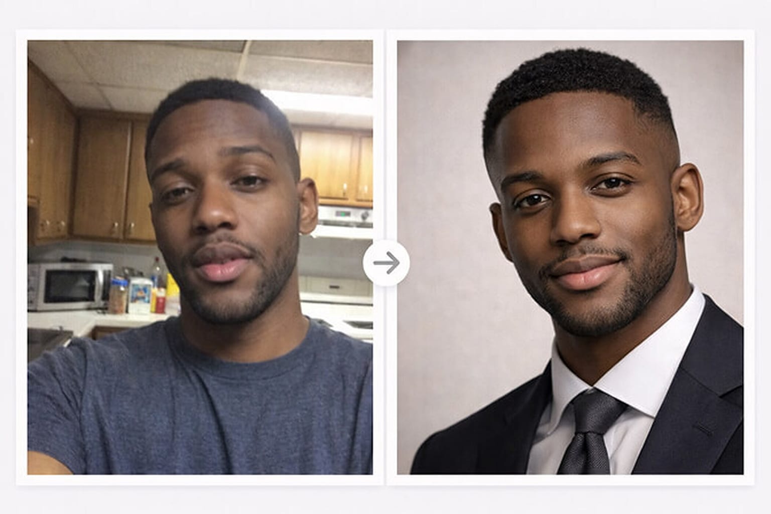 Side-by-side comparison showing a man's casual kitchen selfie on the left and the finished professional headshot in a suit and tie on the right.